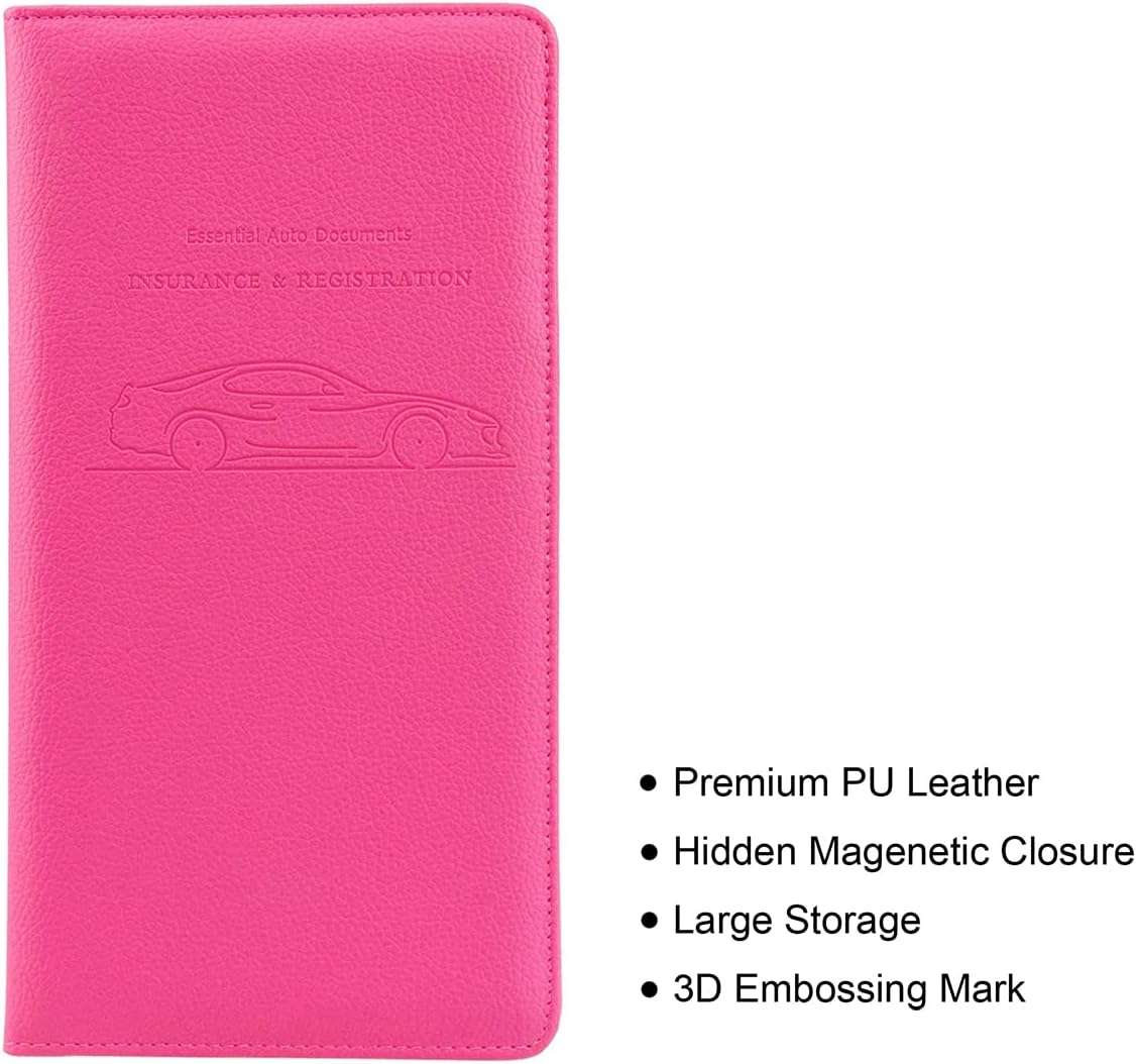 Ucreative Premium PU Leather Car Registration and Insurance Documents Holder for ID Driver's License Key Contact Information Cards (Hot Pink)