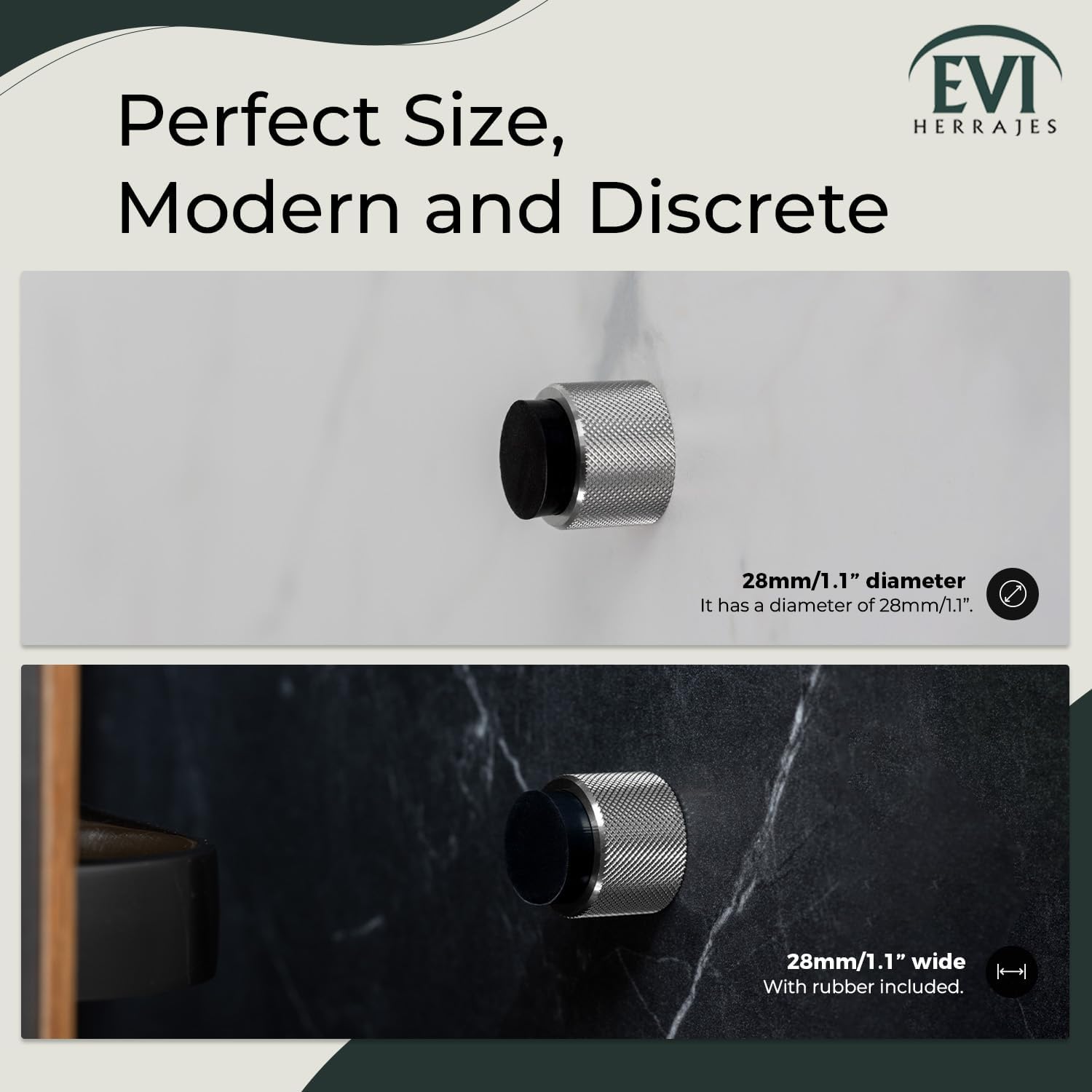 EVI Herrajes | Designer Wall Door Stop - Knurled Texture - 1.1" x 1.1" - Steel Matte Finish Black Rubber - Adhesive and Screw Fastening