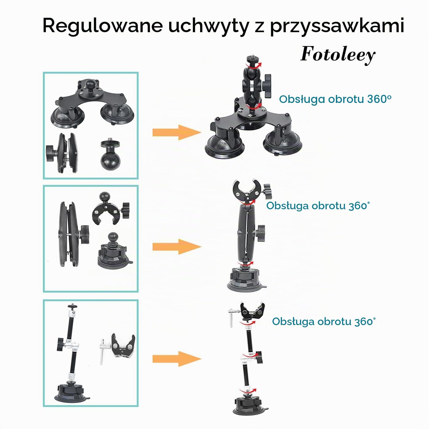 Zestaw do montażu kamery 360 do Insta360 X5/ X4/X3, GoPro Max, Hero 13, Hero 11-5 przyssawki z drążkiem przedłużającym do dużych obciążeń, nagrań samochodowych na niskich wysokościach, do