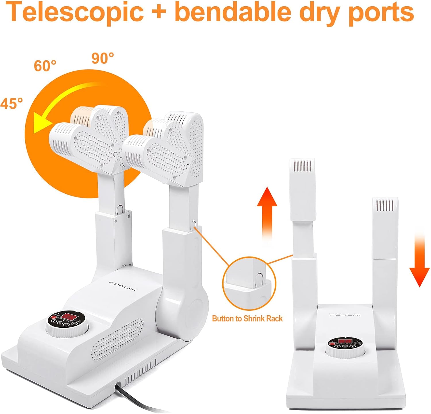 FORLIM boot dryer with telescopic and bendable dry ports extended.