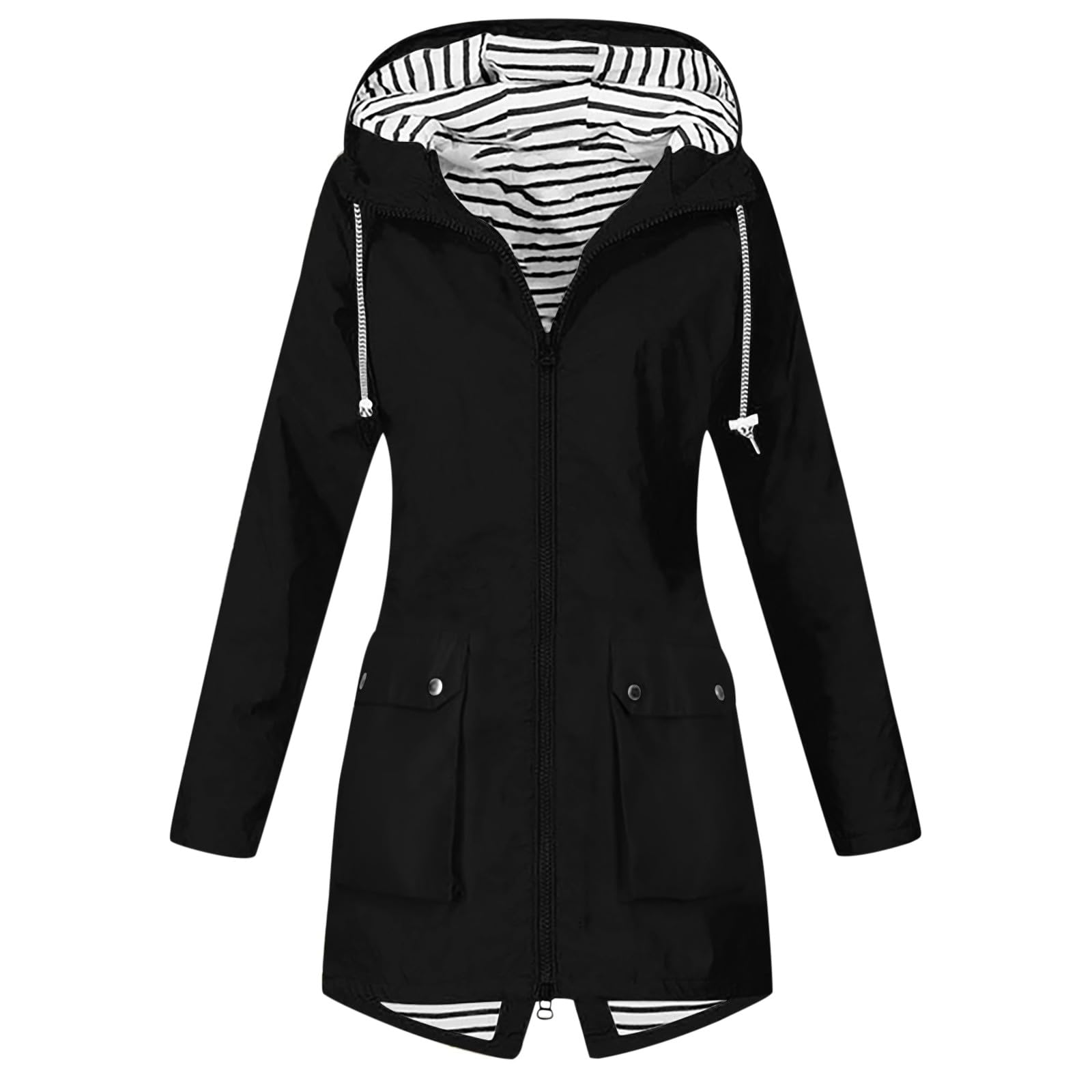 Generisch Chubasquero impermeable para mujer con cremallera para mujer, chaqueta de senderismo con capucha, abrigo de invierno negro