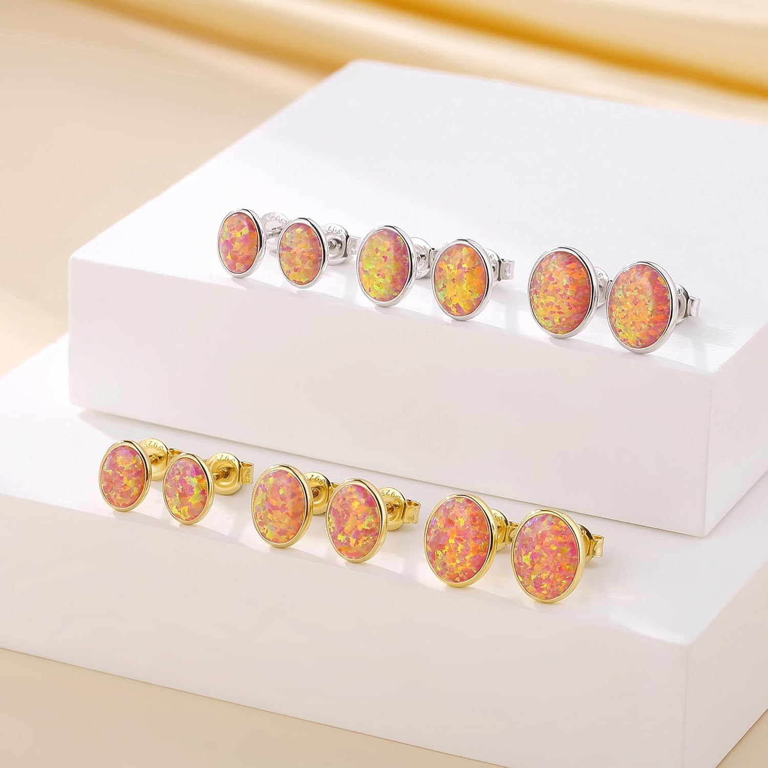 Opal Stud Earrings for Women Men, 925 Sterling Silver Hypoallergenic Earrings, Round & Oval Bezel Set Created Opal, Multi-Color Jewelry Gift (White/Red/Blue/Green) - Image 3