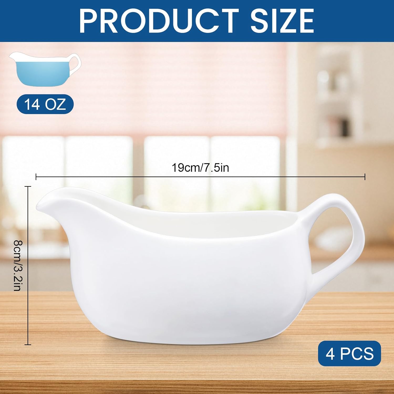 Gravy Boat Set of 4, 14 oz Ceramic Sauce Boats for Salad Dressing Creamer, Broth, Microwave and Dishwasher Safe, Drip-resistant Spout, Classic White Serving Pitchers