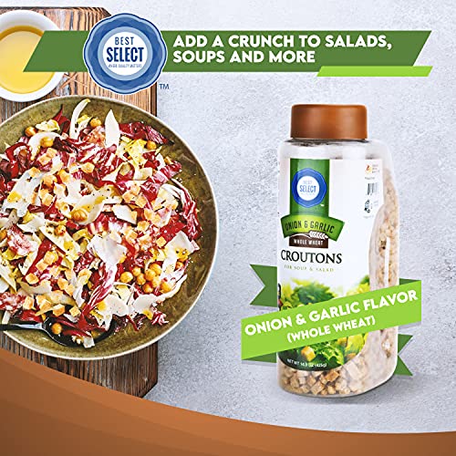 15 Oz Best Select Mini Croutons for Salad 2 Pack | Whole Wheat Onion Garlic Croutons for Soup, Stuffing, Seasoning & Snacking| Kosher Non-Dairy Salad Toppings Crunchy & Savory in Resealable Container