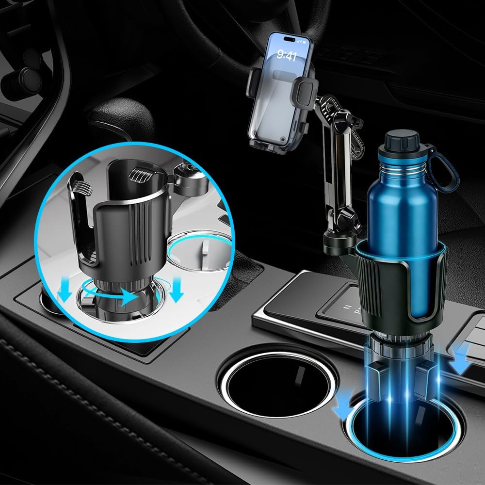 2 in 1 Car Cup Holder Phone Mount, 360 Rotation Cup Holder Expander for 10-40oz Tumbler,Adjustable Length, Adjustable Cell Phone Holder Stand for Truck SUV RV, Compatible with iPhone Samsung Android