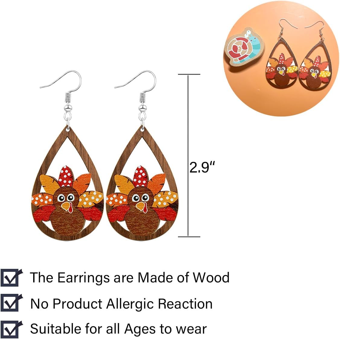 3PairsThanksgiving Earrings for Women Fall Earrings Wooden Earrings Cute Turkey Pumpkin Dangle Earrings Leaf Coffee Lightweight Fun Autumn Drop Earrings Thanksgiving Jewelry Gift - Image 2