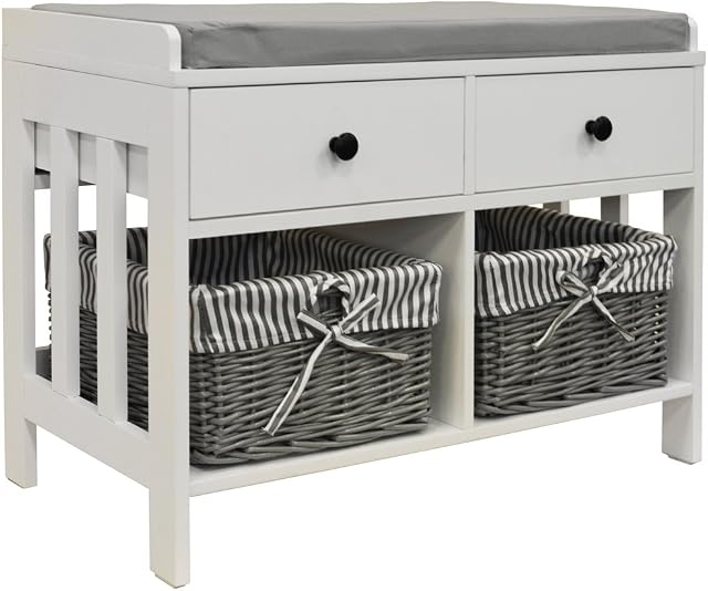 WATSONS DOUBLE - Storage/Shoe Storage Bench with Two Drawers and Baskets - White/Grey