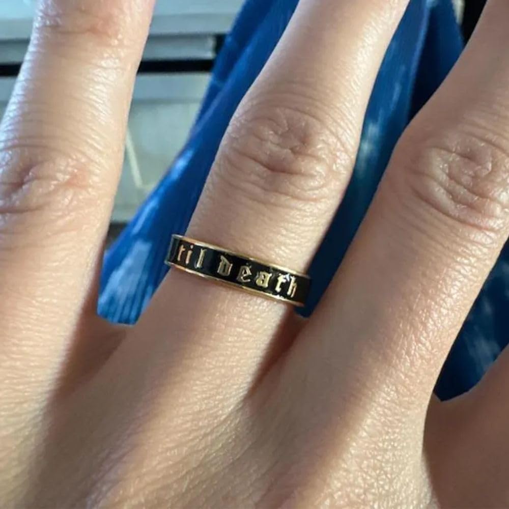 14K Gold Plated Til Death Black Enamel Wide Band Ring For Womens Stacking Wedding Band Stackable Anniversary Ring 925 Sterling Silver Handmade Customized Promise Ring Gifts For Her