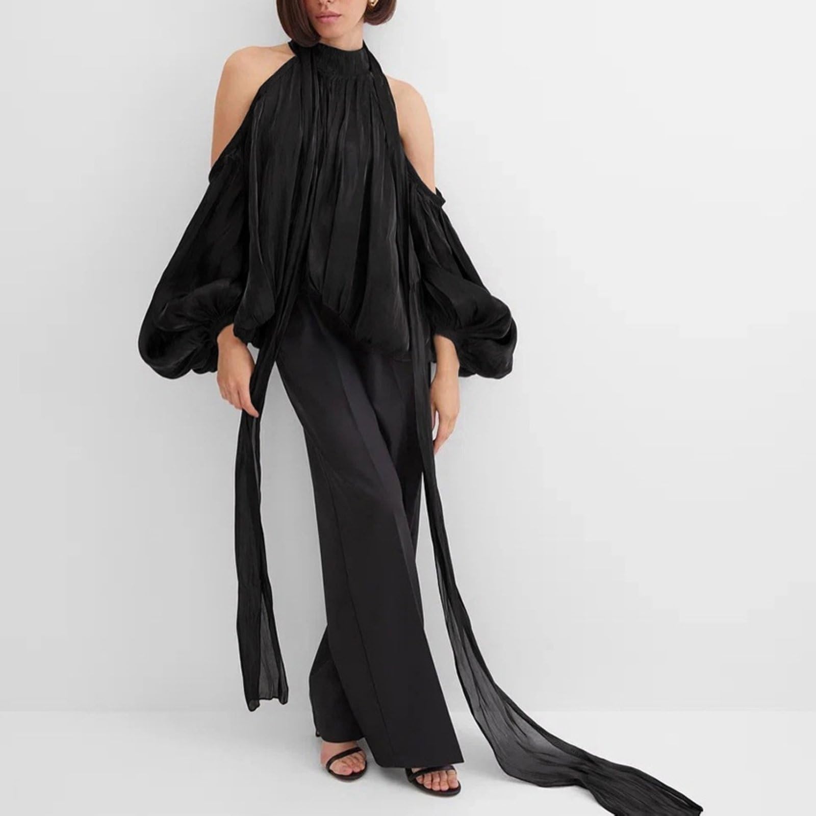 Haut Pour Femme À Manches Bouffantes Élégantes Épaules Dénudées Et Col Halter Sexy Pour Fête De Vacances
