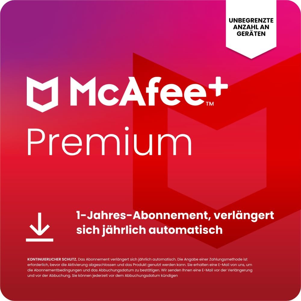 McAfee+Premium Einzelplatz 2026 (unbegrenzte Anzahl von Geräten) | 12 Monate | VPN, Virenschutz, Kennwort-Manager, Kindersicherung | 1-Jahres-Abonnement mit automatischer Verlängerung | Download