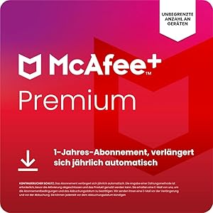 McAfee+Premium Einzelplatz 2026 (unbegrenzte Anzahl von Geräten) | 12 Monate | VPN, Virenschutz, Kennwort-Manager, Kindersicherung | 1-Jahres-Abonnement mit automatischer Verlängerung | Download