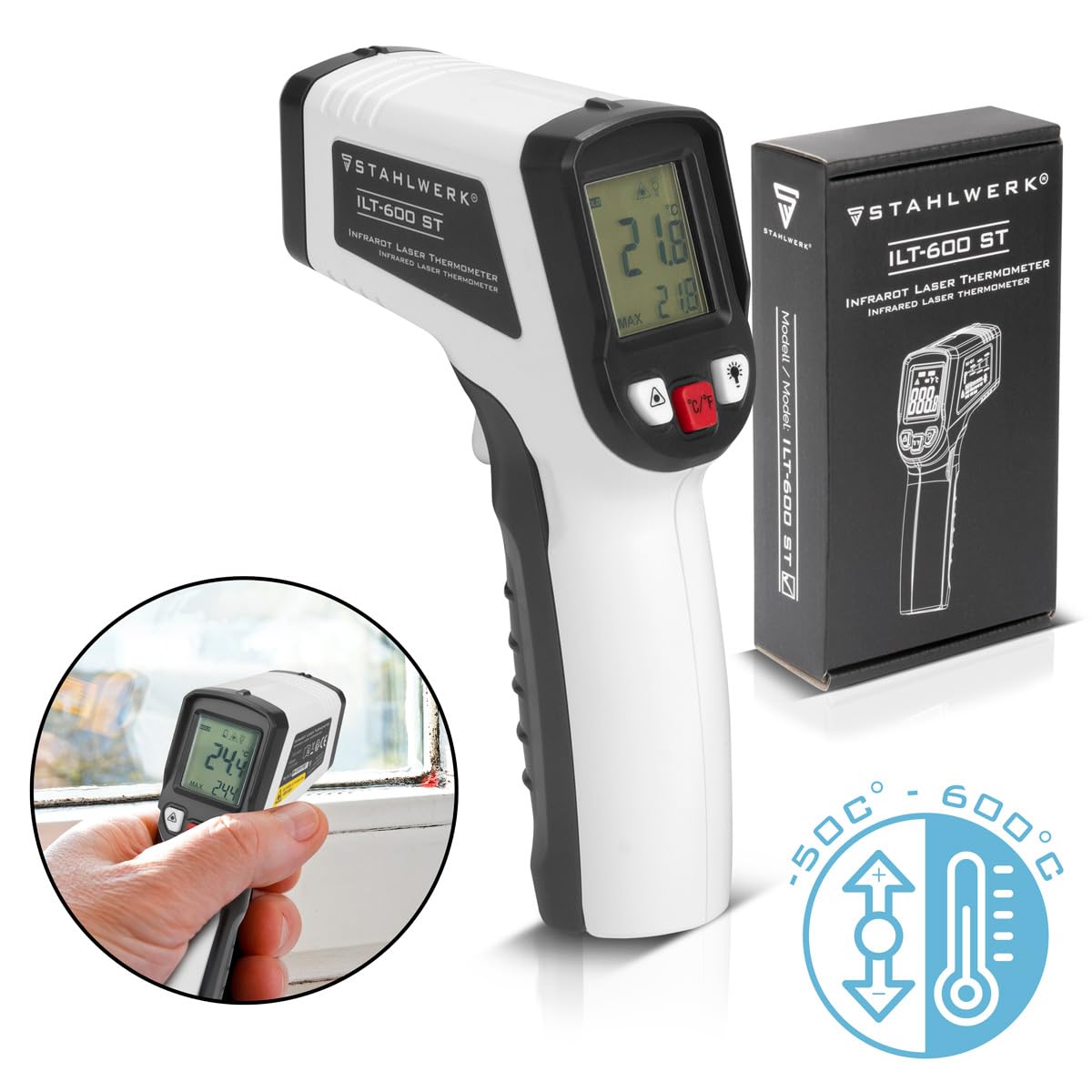 STAHLWERK Infrarot-Laser-Thermometer ILT-600 ST -50C° bis 600°C Digitales Infrarot-Temperaturmessgerät | Pyrometer | Strahlungsthermometer | Digital-Thermometer für kontaktlose Messungen