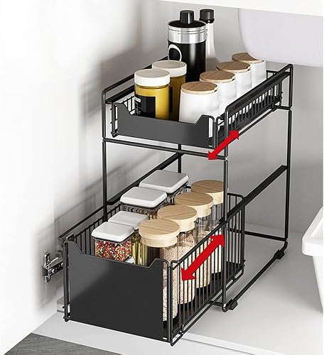 HUOLE Organizzatore da cucina con 2 cassetti scorrevoli, 2 cestini scorrevoli, impilabili, per riporre armadi, sotto lavabo, con cassetti, per cucina, bagno, ripostiglio (nero-2 pezzi) - 8