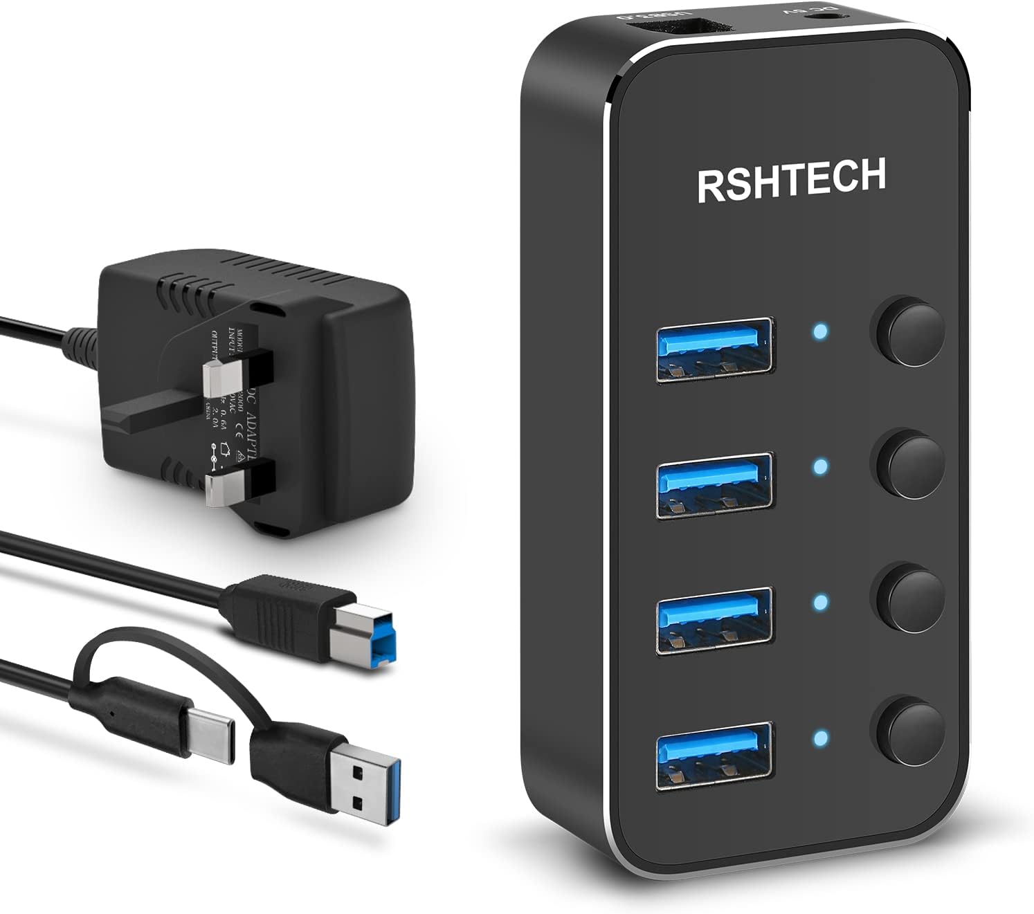 RSHTECH 4-Port Powered USB 3.0/ USB-C Hub, Aluminum USB 3.0 Extension ...