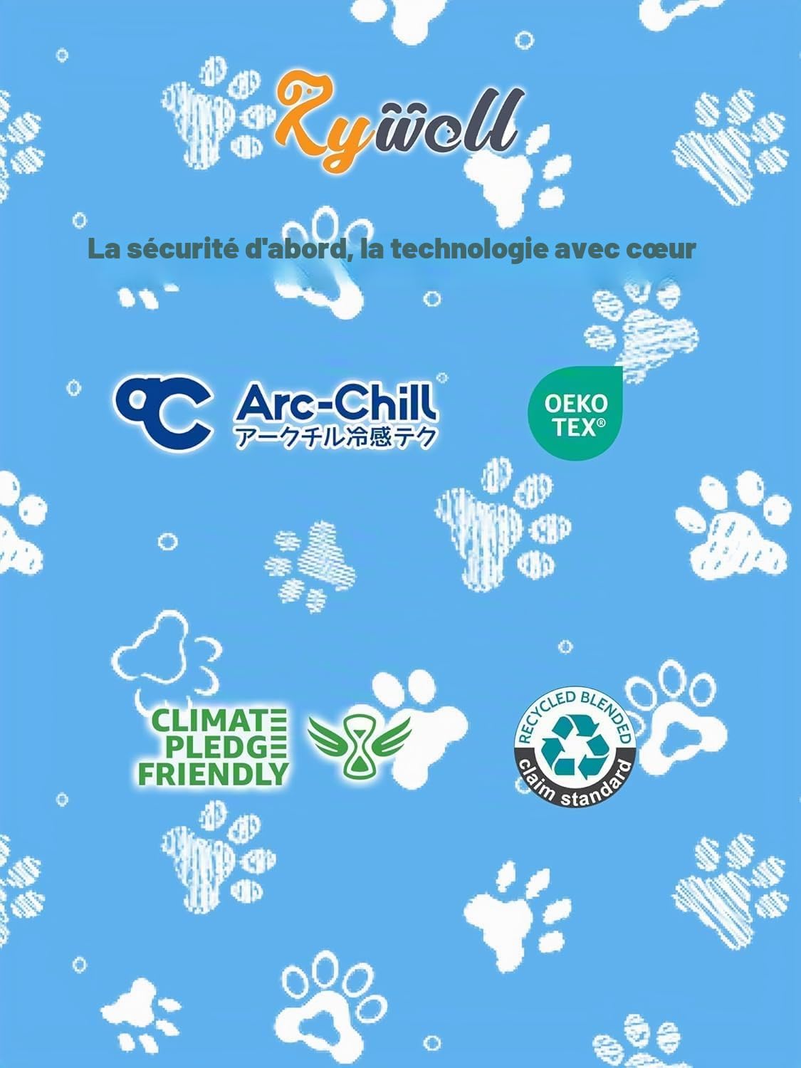 Rywell Tapis Rafraichissant Chien 110X80cm, Absorbe Rapidement l'eau(Bleu) | Technologie de Refroidissement Arc-Chill 3.0(Q-Max>0.5); Thermochromique; OEKO-TEX; Imperméable;Antidérapant;Lavable;Portable