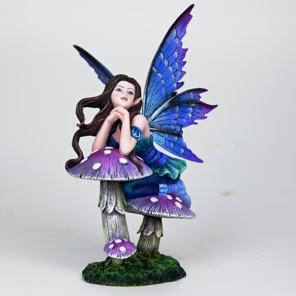 Fantasy Mushroom Fairy Figurine, 6.1 Inch Blue-Purple Gradient Elf Statue, Hand-Painted Resin Decor with 3D Mushroom Base for Fairy Garden, Desk, Living Room Display