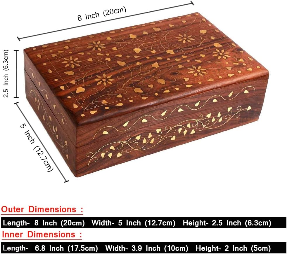 Ajuny Hand Carved Wooden Decorative Jewelry Storage Box with Floral Carvings Design Brass Inlay Keepsake Travel Treasure Chest Trinket Holder Organiser Great Gifts - Image 3