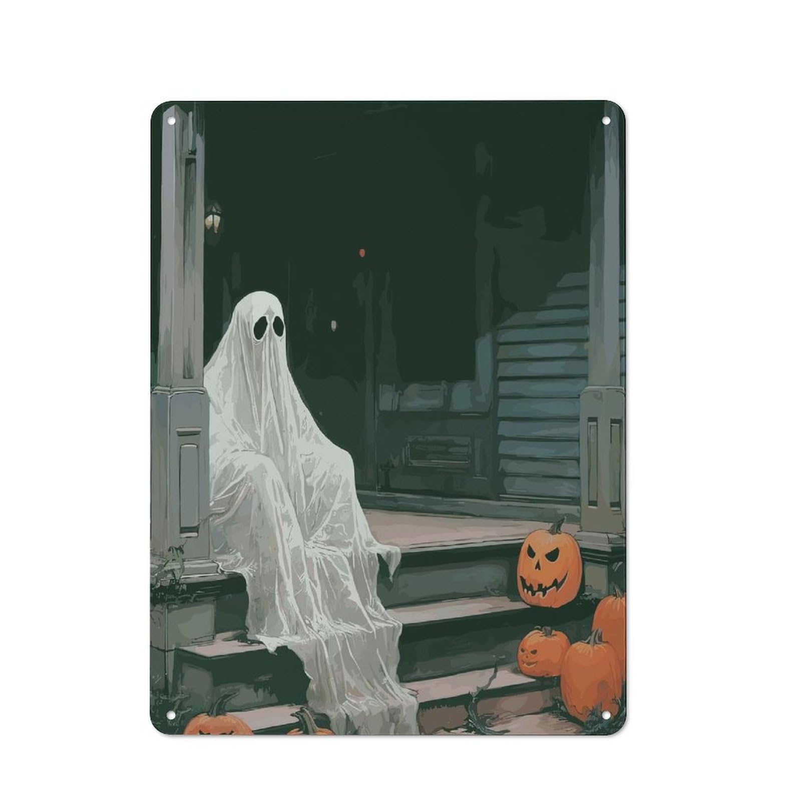 Junmoney Ghost And Pumpkins On Porch Retro Tin Sign 40X30cm For Garage Or Workshop, For Furnishing A New Garage And Workshop With Retro Decor