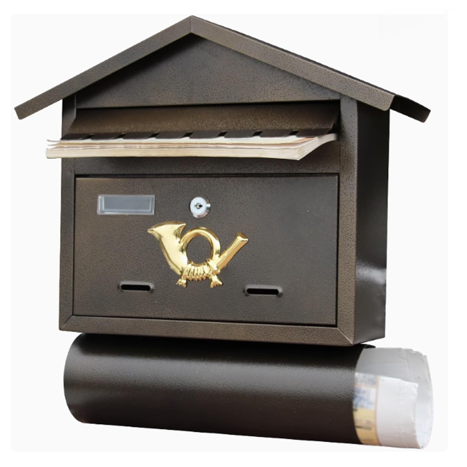 Email address, Wrought Iron Wall-Retro Mailbox with Newspaper Tube, Large Capacity, Suitable for Home, Company and School(Bronze)