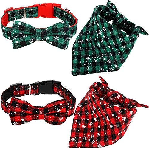 Frienda 4 Pieces Dog Bandana and Collar Set Pet Christmas Scarf with Plaid Snowflake Design and Adjustable Collars Bow Tie for Pet Cat Dog Costume Supplies (S)