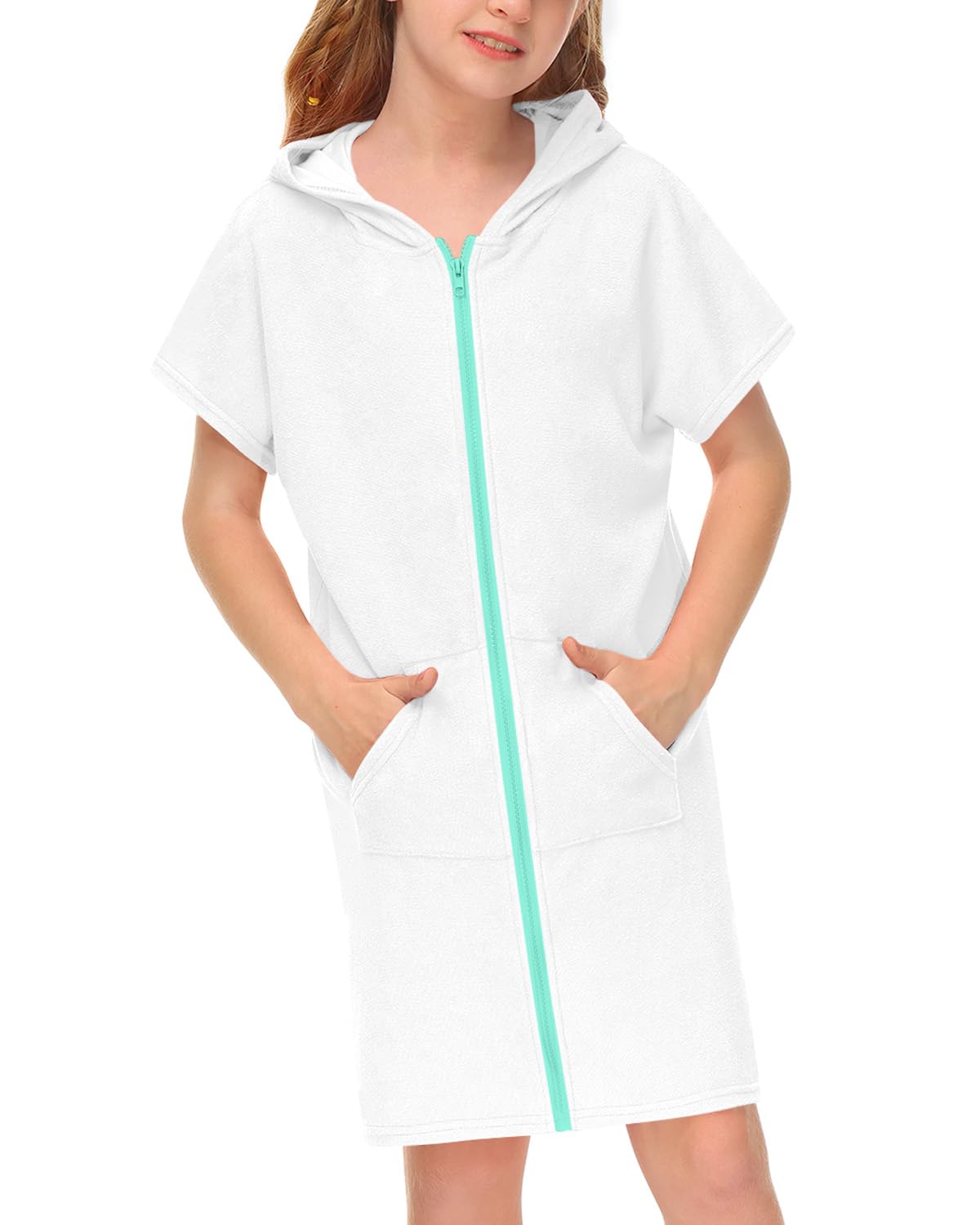 BesserBay Kids Zip Up Terry Cloth Swim Cover Up Short Sleeve Beach Towel Hoodie #2 White 13-14 Years