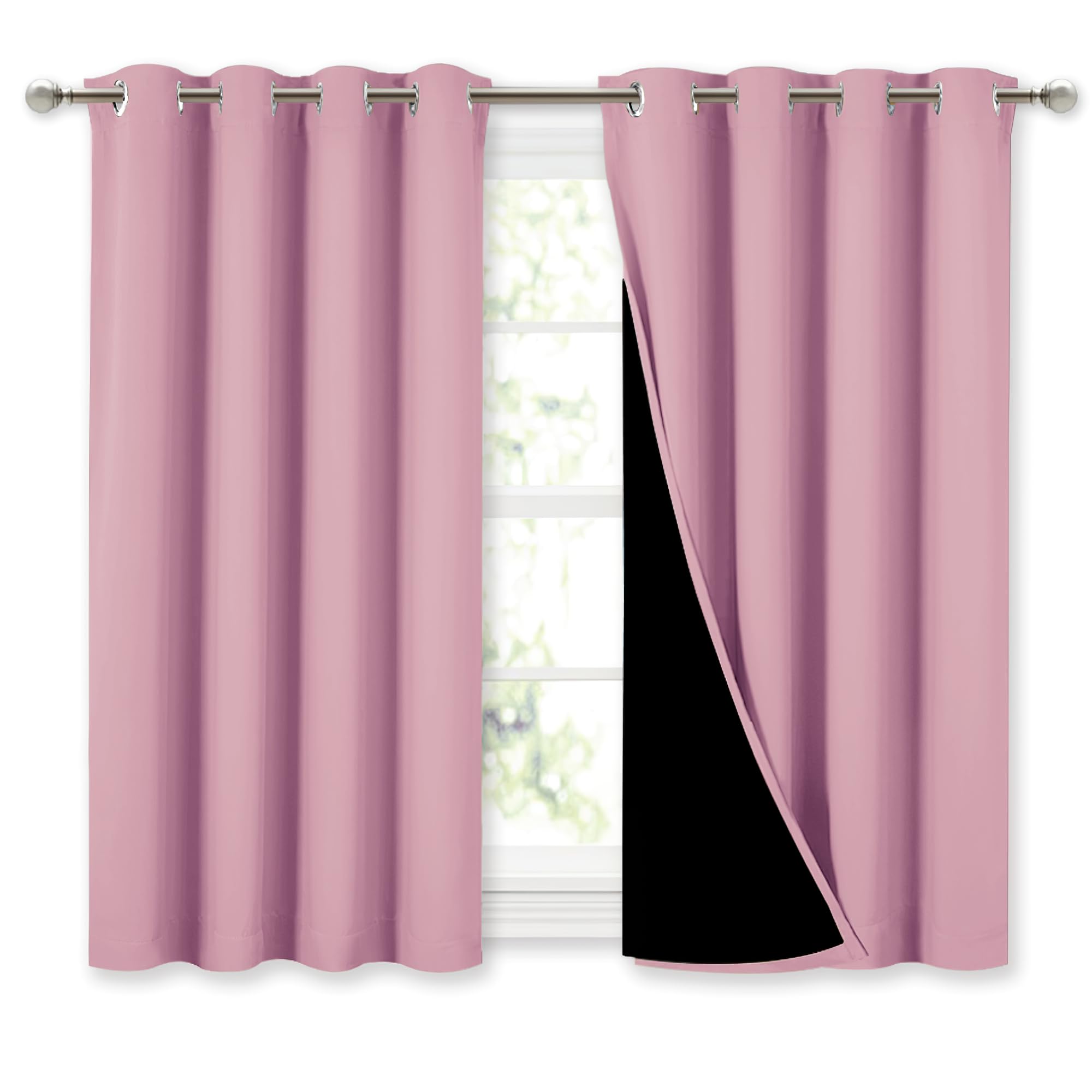 NICETOWN 100% Blackout Curtains with Black Liners, Thermal Insulated Full Blackout 2-Layer Lined Curtains, Energy Efficiency Window Draperies for Dining Room (Crystal Pink, 2 Panels, 52" W by 45" L)