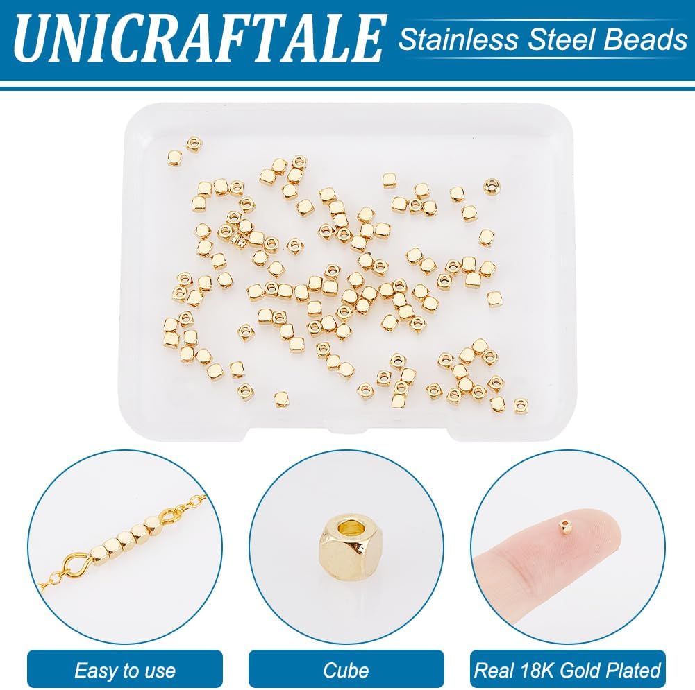 UNICRAFTALE 150Pcs 2mm Gold Plated Stainless Steel Cube Spacer Beads for DIY Jewelry Making - Image 4