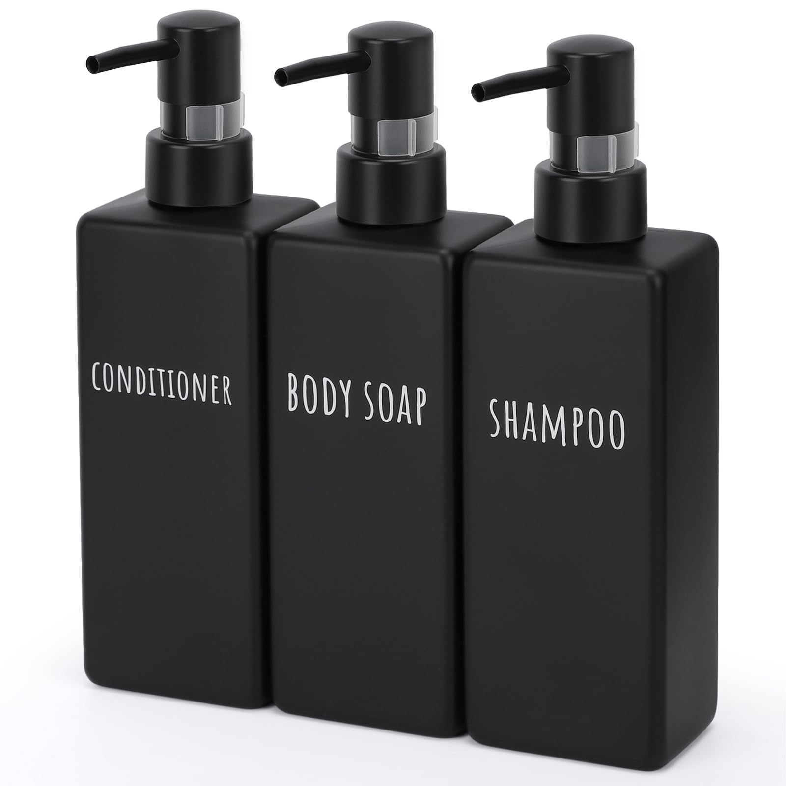 Segbeauty シャンプーボトル 3本セット 500ml マットブラック 黒い 方形 ディスペンサー 詰め替えボトル ステッカー付き 防漏デザイのンポンプ 容器 大容量 おしゃれ 漏れ防止 簡単取り付け 浴室 洗面所 アルコール 洗濯洗剤 食器用洗剤 適用