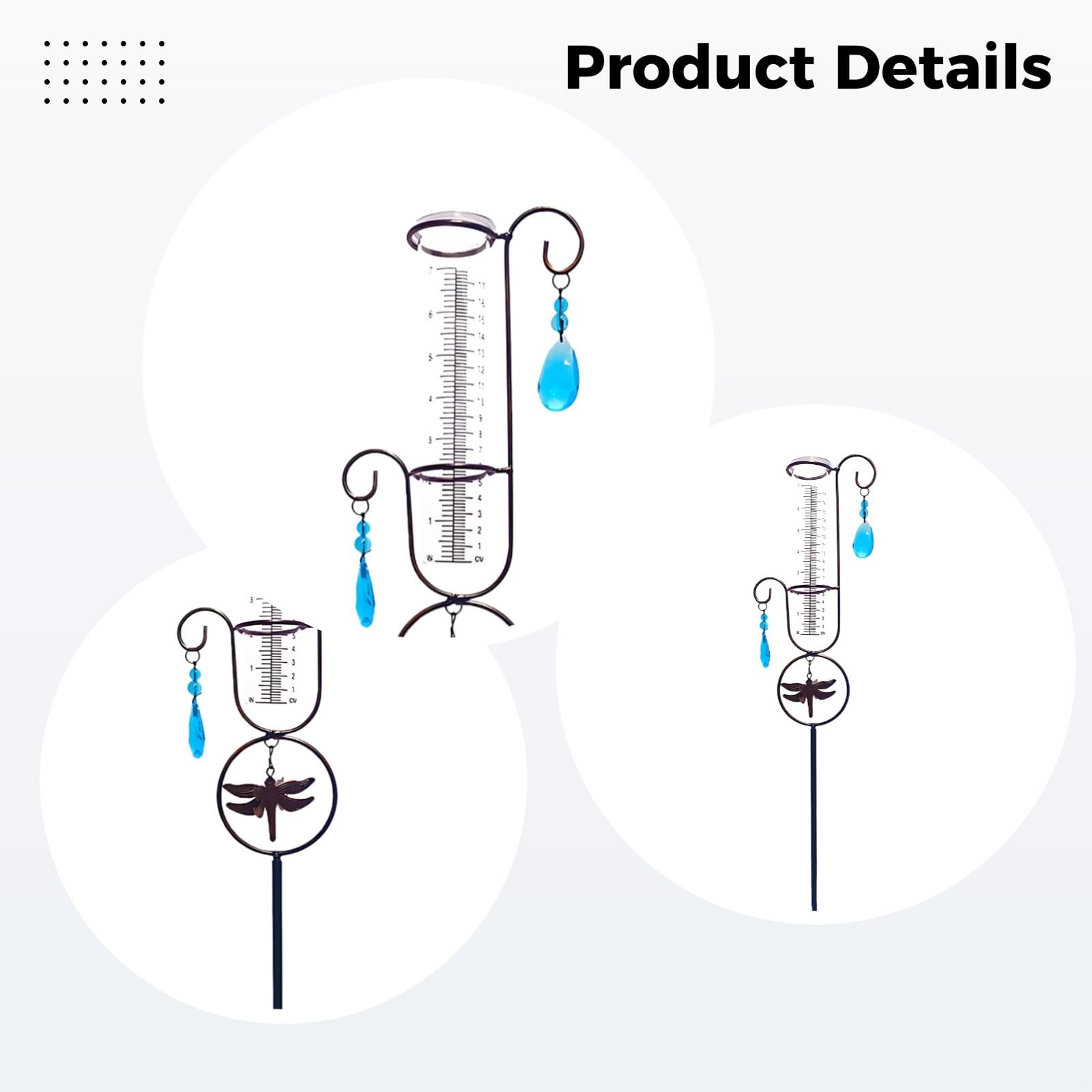 Medidor de lluvia decorativo para exteriores, diseño de libélula, cilindro de 17,7 cm, fácil de leer, soporte de metal para decoración de jardín y patio