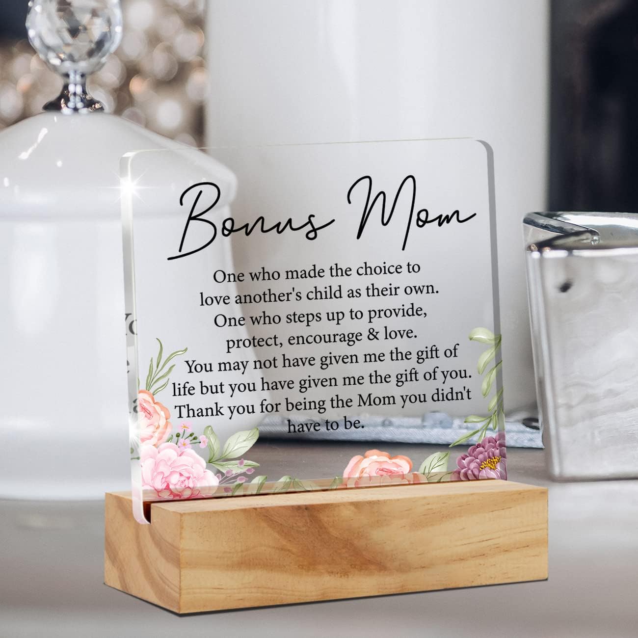 Bonus Mom & Stepmom Gifts: Acrylic Desk Plaque Sign With Wood Stand - Flowers Style Home Desk Sign Keepsake Present - Image 5