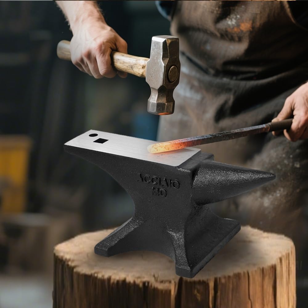 110Lbs Cast Steel Single Horn Anvil for Blacksmithing - Rugged Round Horn Anvil with Round and Square Hole, Large Countertop, and Stable Base