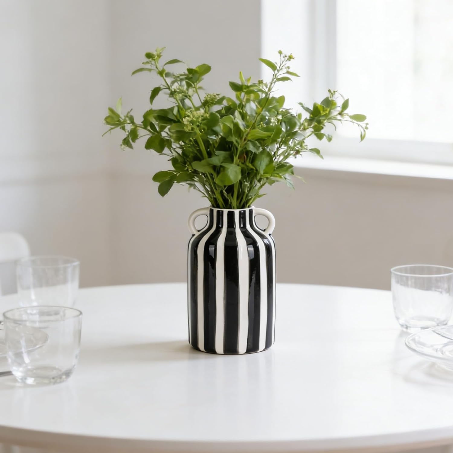 Ceramic Black White Striped Checkered Vase with Handles, Modern Bohemian Minimalist Home Decor Vase for Flower&Pampas Grass for Centerpiece Table Bookshelf Desk Mantle (Black White)