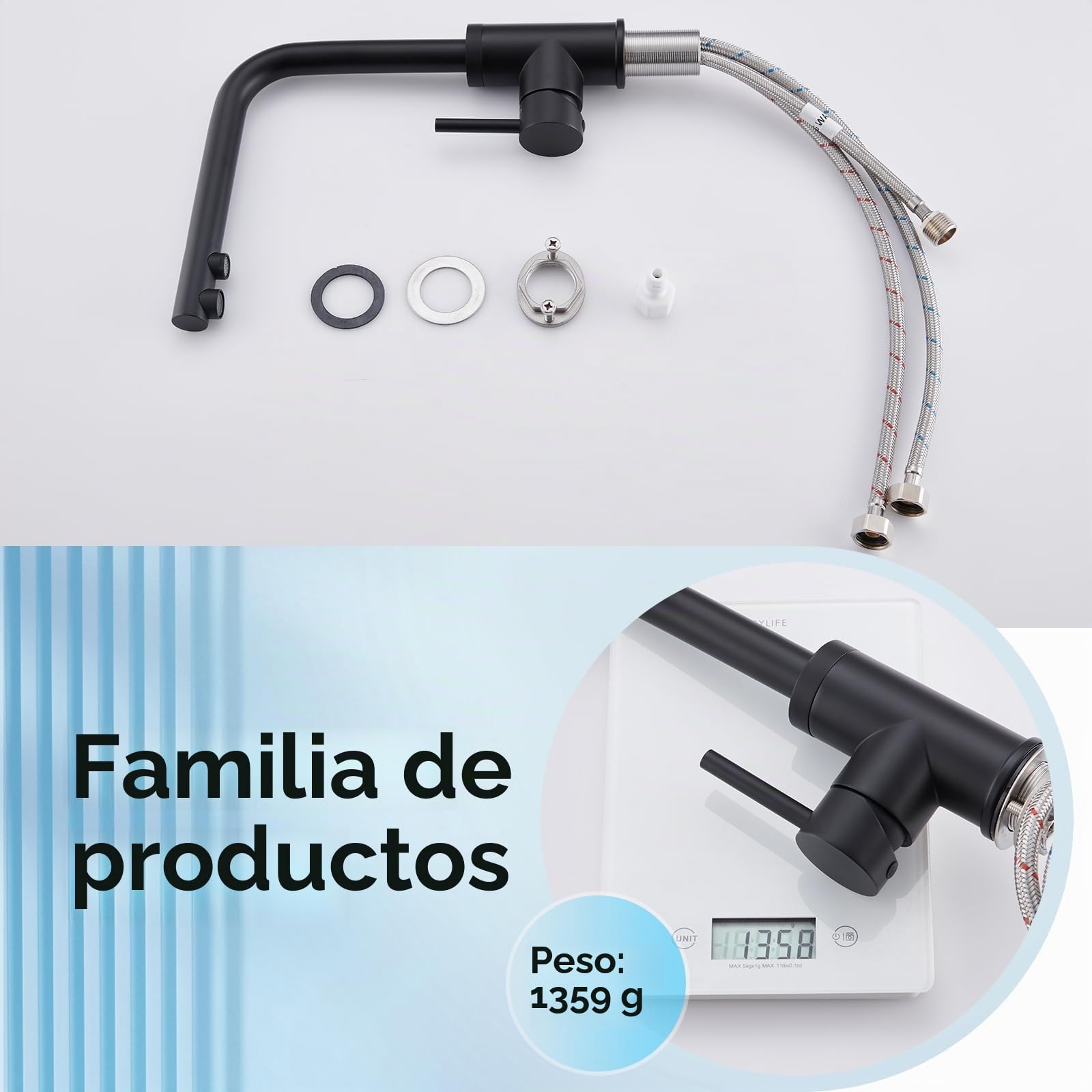 CREA Grifo de Cocina, 3 Vias Giratorio 360°, osmosis con Agua Fría y Caliente, Fregadero Negro Mate