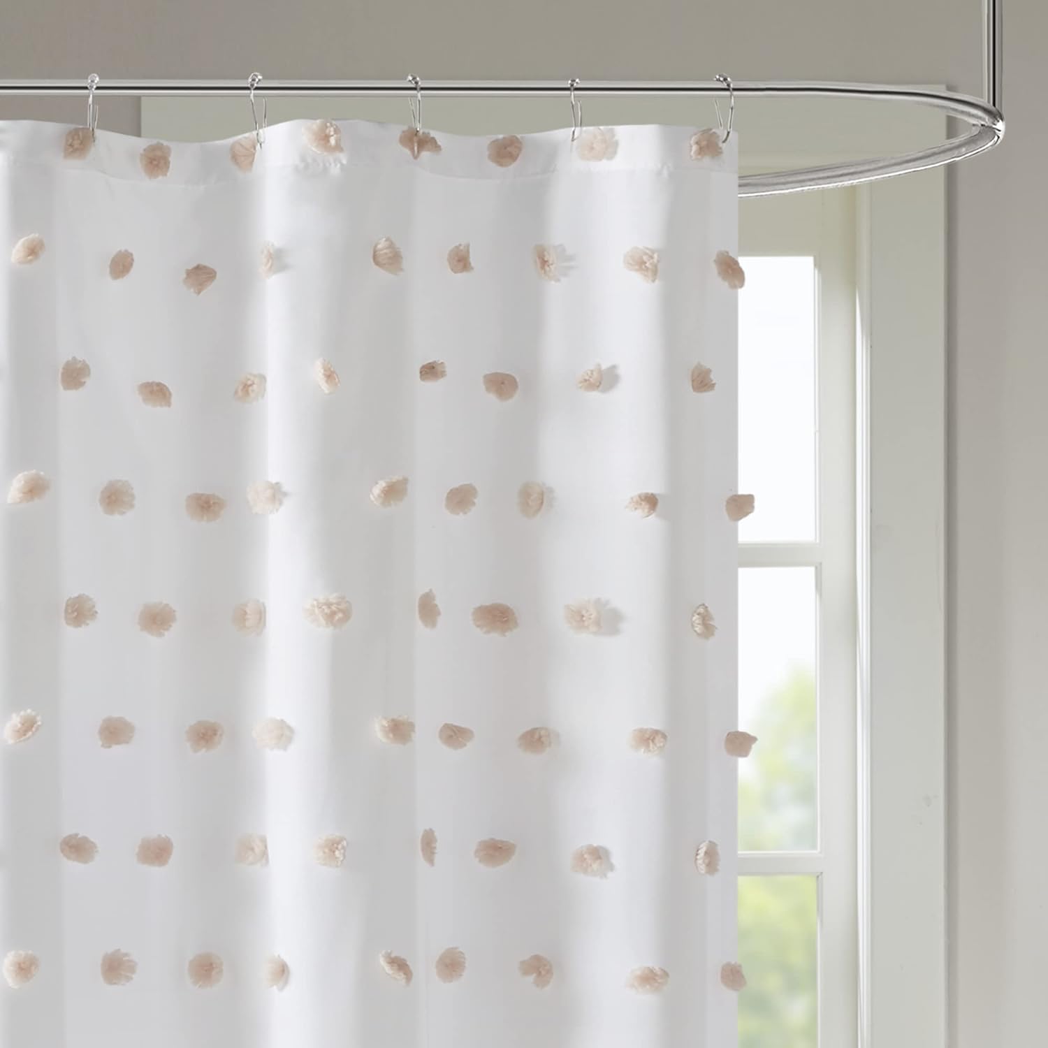 White Polyester Shower Curtain with Blush Pom Poms
