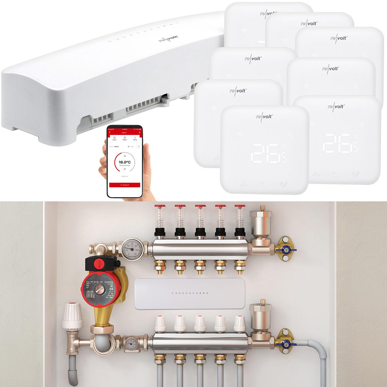 revolt Raumthermostate Digital: WLAN-Fußbodenheizungs-Controller-Steuerung mit 8 Thermostaten und App (Fußbodenheizung Thermostat Aufputz, Steuerung Set, Pumpe)