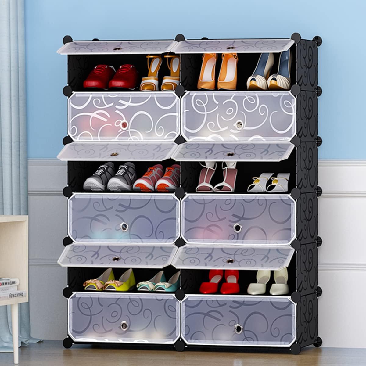 KOTEK Portable 12-Cube Shoe Rack, Stackable Cubes Storage Organizer Shoe Cabinet w/Doors, DIY Plastic 24-Pair Shoe Storage Tower Shelf for Entryway