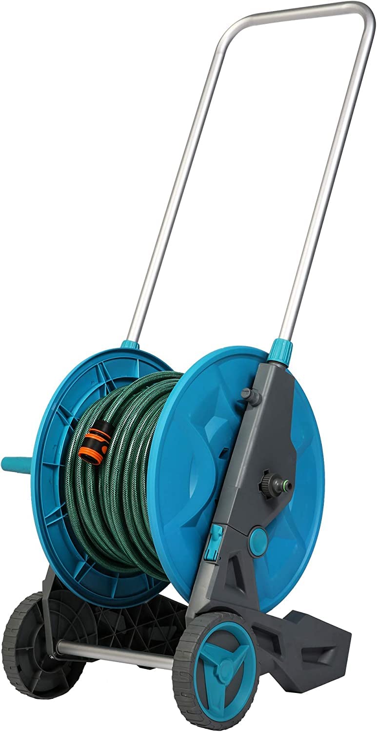 Garden Hose Reel Cart with Wheels,137.8+6.6 FT Hose Included, Water Hose Reel Mobile Cart with 8 Patterns Hose Nozzle 3/4" Connector for Garden Watering, Car Washing