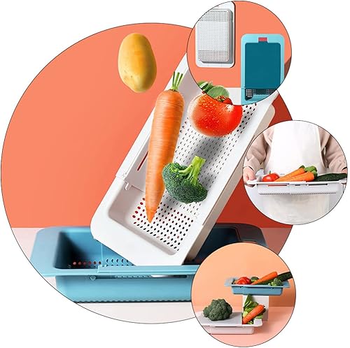 Miniatura 6 de Cabilock Colador retráctil gris sobre el fregadero con tabla de cortar frutas y verduras, cesta de drenaje ajustable para fregadero de cocina