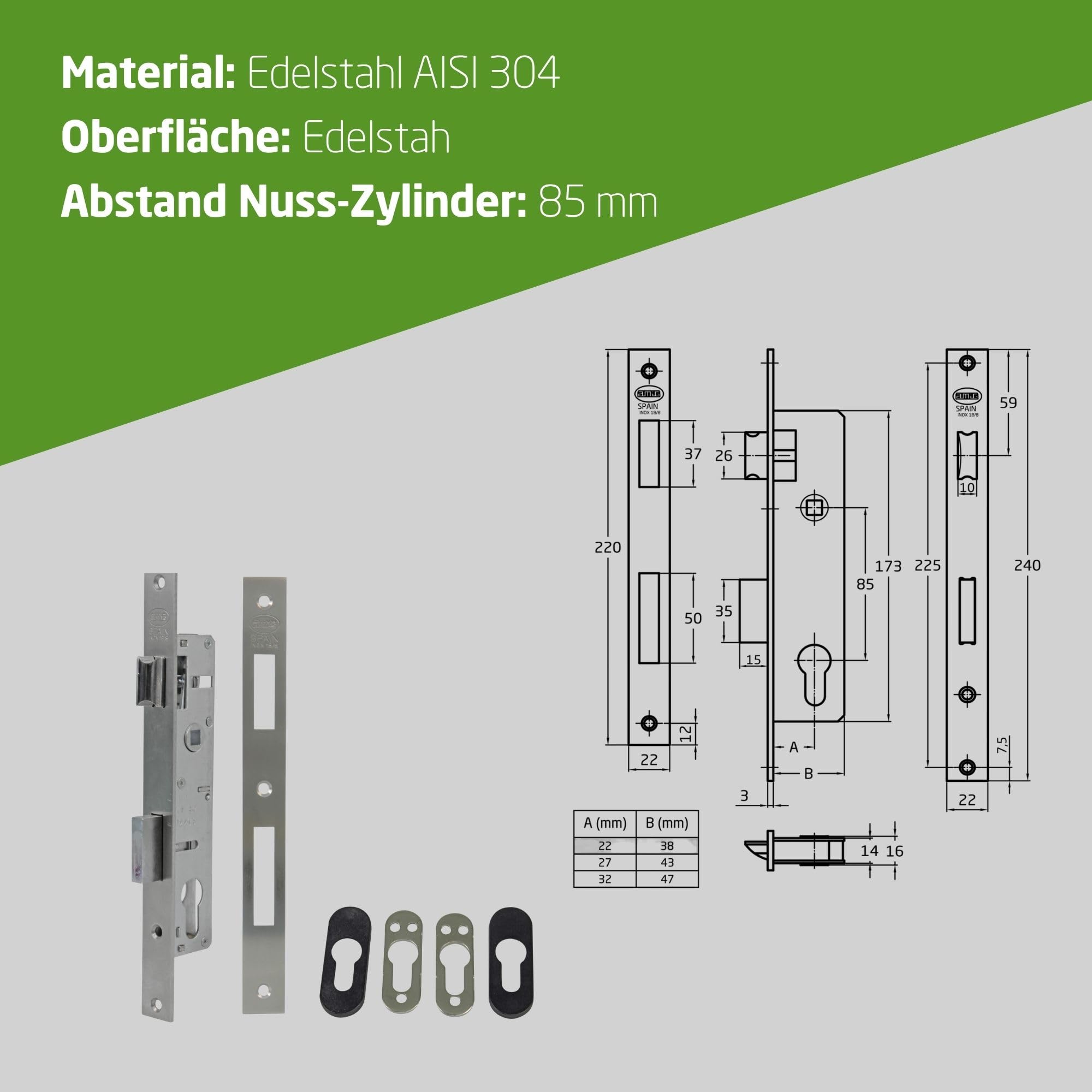 Amig Einsteckschloss für Holzbearbeitung aus Metall - 27 mm - für Zylinder mit Nockenprofil von 15 mm - Wendbarer Türgriff - Edelstahl - Zylinder und Schlüssel nicht enthalten