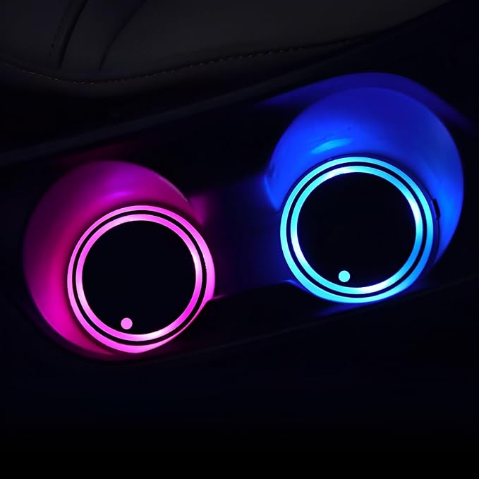 2pcs LED Car Coasters, Cup Holder Insert, with 7 Colors Luminescent Coaster, USB Charging, Suitable for Accessories Women Men, Yellow, blue, white, green, red, purple