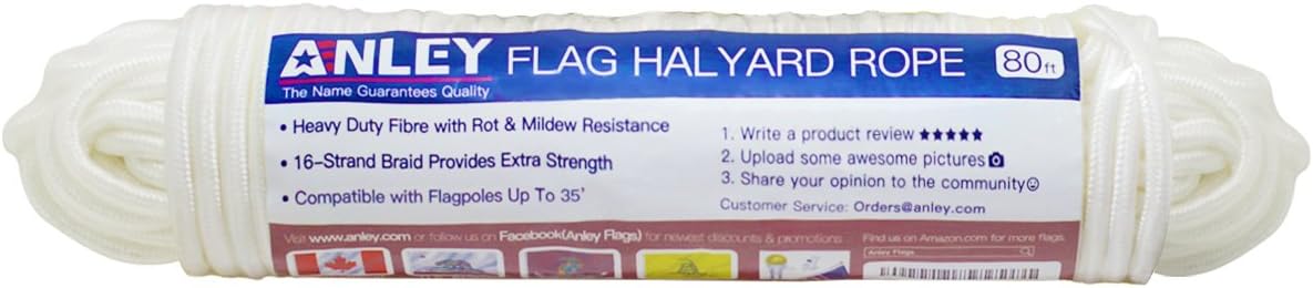 Anley 80 Feet x 1/4" Flag Pole Halyard Rope, Suitable for Climbing, Swing, Camping Tent, Clothesline and Boats - Double Braided, Compatible with Flagpoles Up to 35 Feet (White) (Pack of 2)