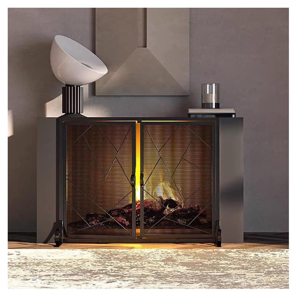 Salvachispas Chimenea Mampara for Chimenea de Doble Puerta for con Puertas batientes Marco Hierro Fundido Acabado Malla metálica Duradera Color Negro Protector Chimenea