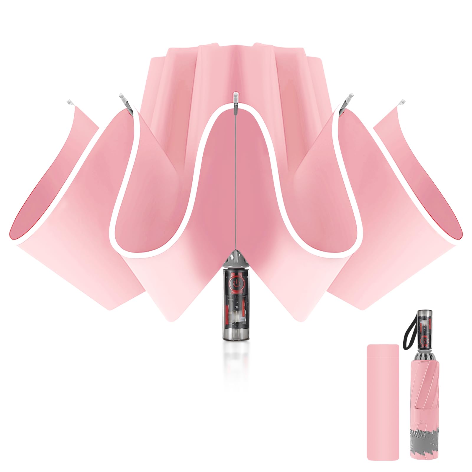 Pioggistar Windproof Folding Umbrella, Automatic Reverse Umbrella, Mechanical Rain Umbrella, 10 Reinforced Ribs for Men and Women, Diameter 105 cm, pink