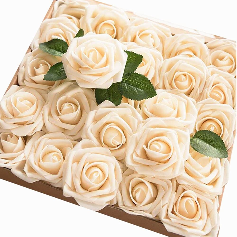 Artificial Flowers Real Looking Ivory Foam Fake Roses with Stems for DIY Wedding Bouquets White Bridal Shower Centerpieces Arrangements Party Tables Decoration, 25pcs (Champagne)