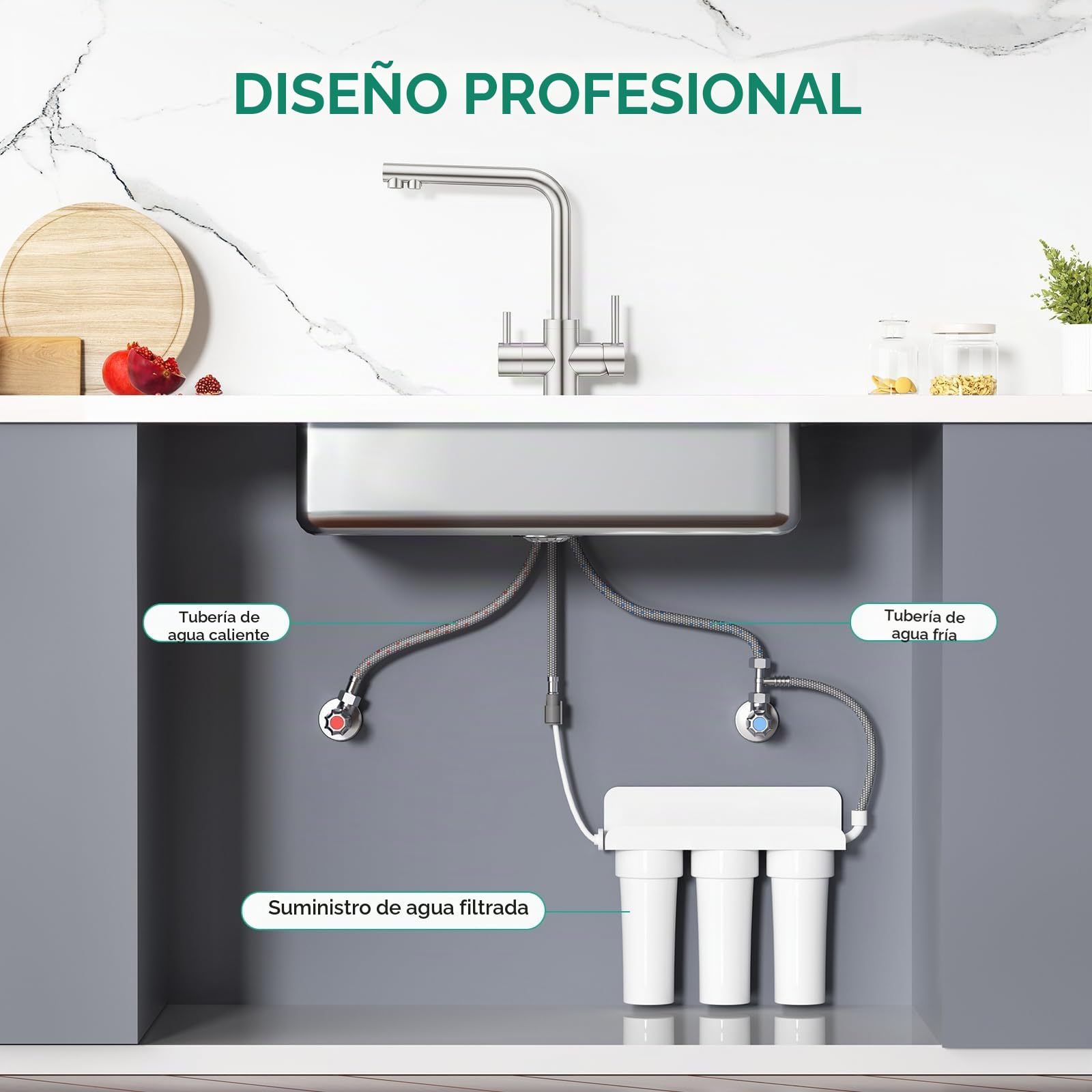 CREA Grifo de Cocina 3 Vías Osmosis, Fregadero Giratorio 360°, Acero Inoxidable Cepillado