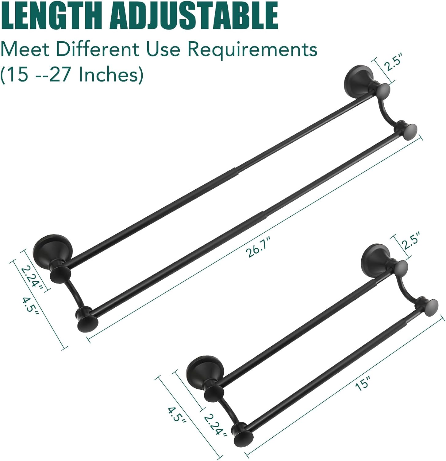 Hoimpro Adjustable Retractable 15-27 Inches Stainless Steel Bathroom Towel Bar, Bathroom Accessories Bath Hotel Double Towel Bar Rod Hanger Wall Mounted Towel Holder Towel Rack, Matte Black