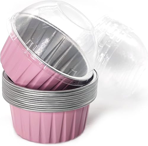 Mombake Moldes de papel de aluminio para hornear Ramekin, bandeja para tarta de queso de 5 onzas, tazas de lata de crema brulee con tapas de cúpula