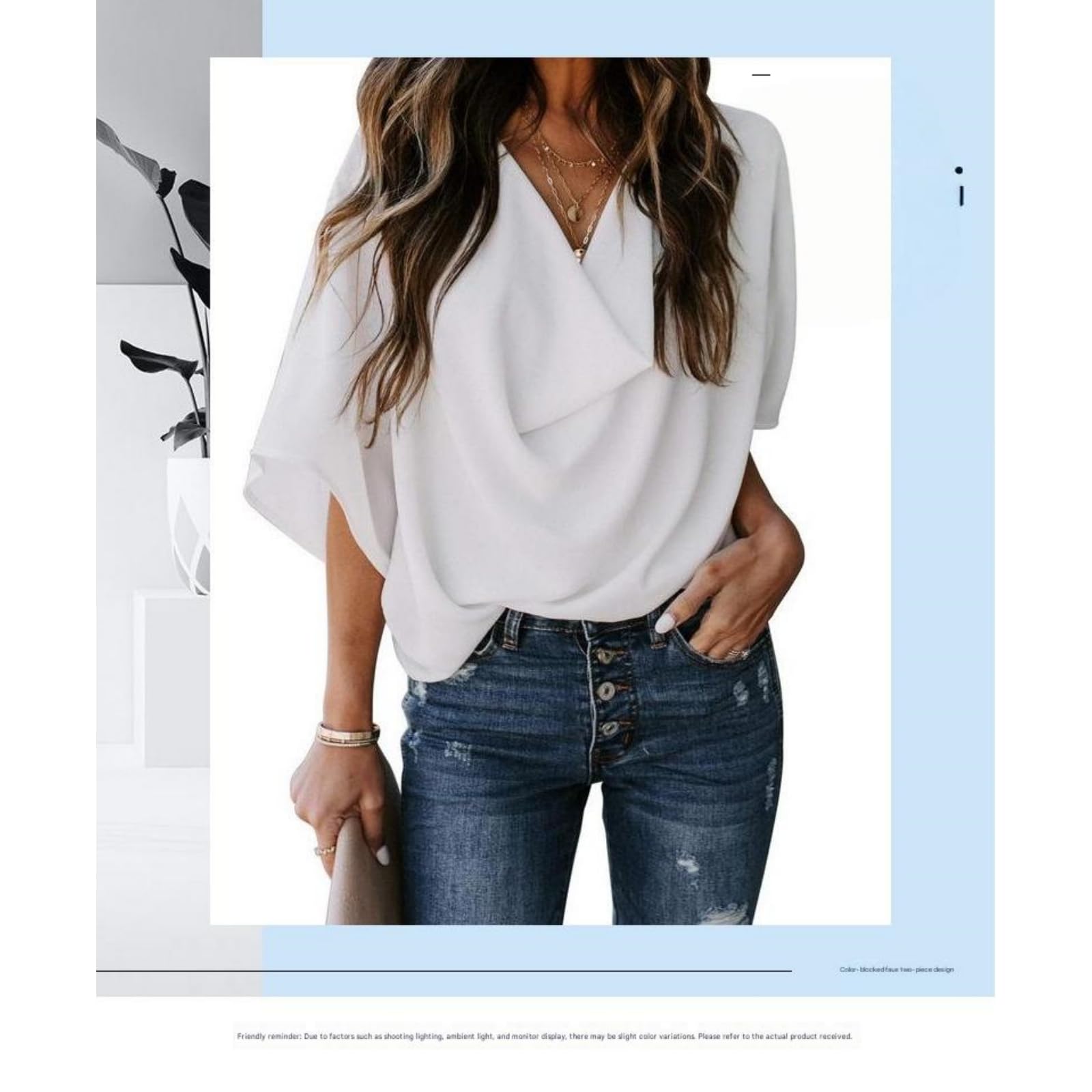 Damen Langarmshirt Chiffon-Bluse, Lockeres V-Ausschnitt, Lässiges Top, T-Shirt, Damenbekleidung-Aprikose-XXXL