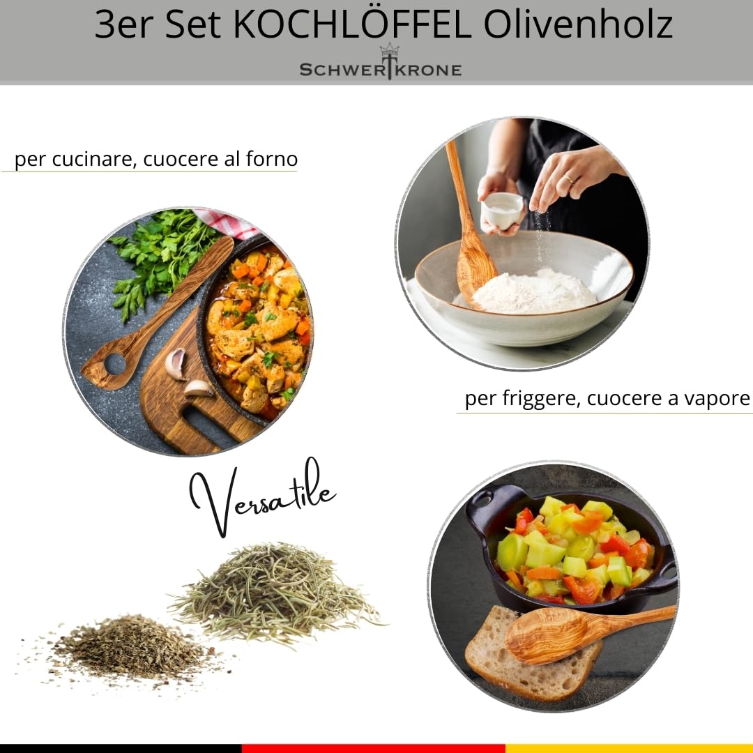 SCHWERTKRONE Set di cucchiai in legno d'oliva italiano, cucchiaio da cucina in legno, cucchiaio da cucina in legno di ulivo