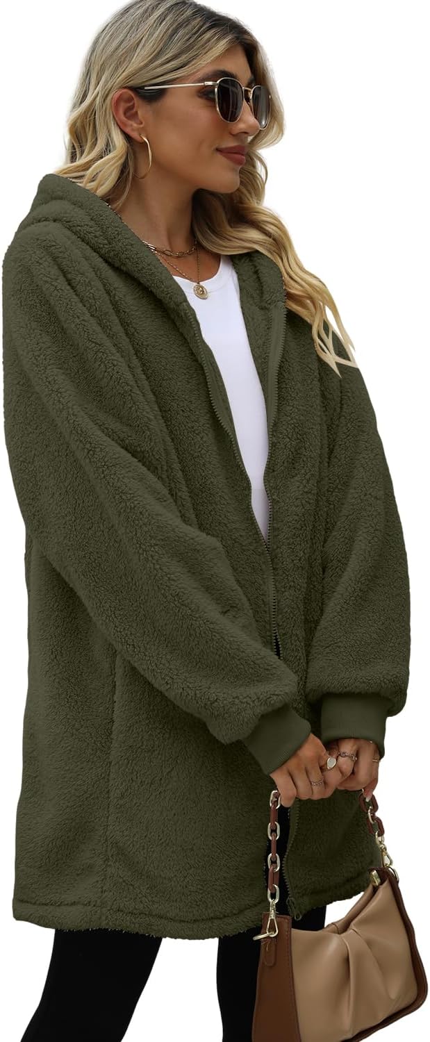 ReachMe Womens Fleece Zip Up Jacket with Pockets Oversized Long Sherpa Hoodie Fuzzy Jackets Warm Teddy Coat - Image 6